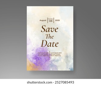 Wedding card invitation template with hand painted watercolor splash