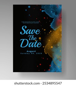 Wedding card invitation template with hand painted watercolor splash