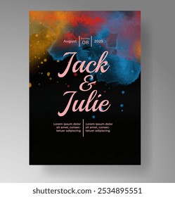 Wedding card invitation template with hand painted watercolor splash