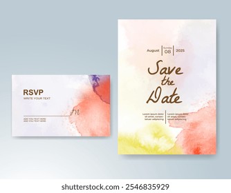 Wedding card invitation template with hand painted watercolor splash