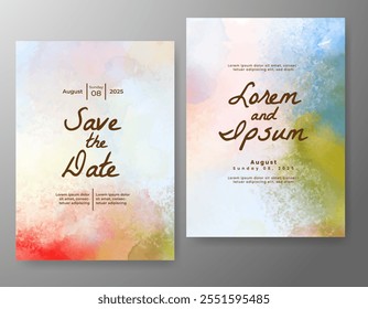 Wedding card invitation template with hand painted watercolor splash