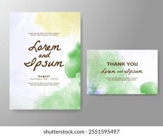 Wedding card invitation template with hand painted watercolor splash