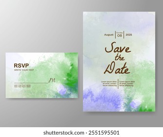 Wedding card invitation template with hand painted watercolor splash