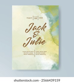 Wedding card invitation template with hand painted watercolor splash