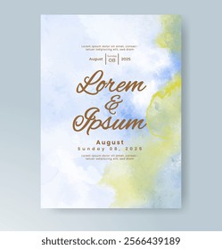 Wedding card invitation template with hand painted watercolor splash