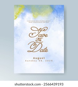 Wedding card invitation template with hand painted watercolor splash