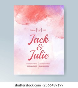 Wedding card invitation template with hand painted watercolor splash