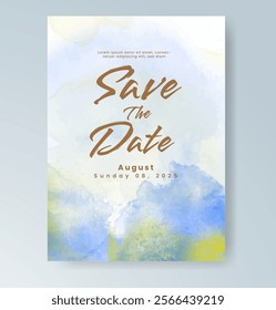 Wedding card invitation template with hand painted watercolor splash