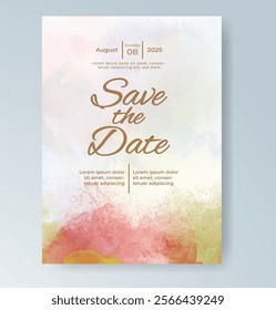 Wedding card invitation template with hand painted watercolor splash