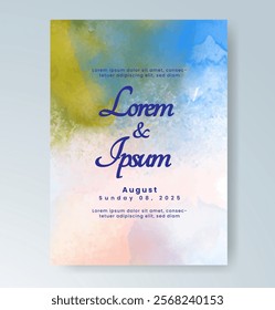 Wedding card invitation template with hand painted watercolor splash