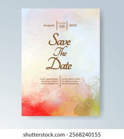 Wedding card invitation template with hand painted watercolor splash
