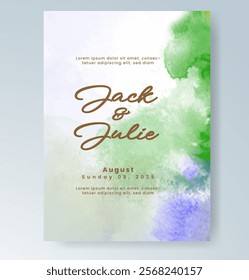 Wedding card invitation template with hand painted watercolor splash