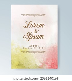 Wedding card invitation template with hand painted watercolor splash