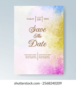 Wedding card invitation template with hand painted watercolor splash