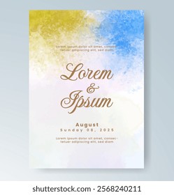 Wedding card invitation template with hand painted watercolor splash