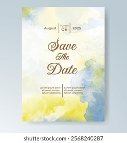 Wedding card invitation template with hand painted watercolor splash