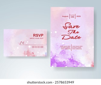 Wedding card invitation template with hand painted watercolor splash