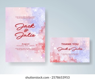 Wedding card invitation template with hand painted watercolor splash