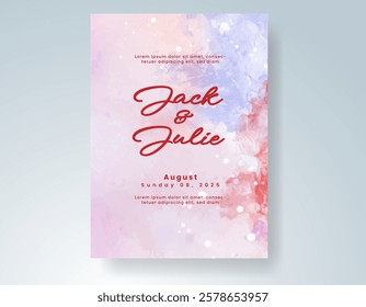 Wedding card invitation template with hand painted watercolor splash