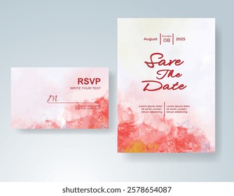Wedding card invitation template with hand painted watercolor splash