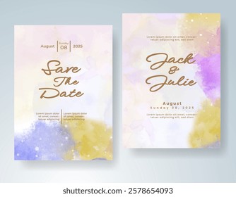 Wedding card invitation template with hand painted watercolor splash