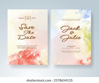 Wedding card invitation template with hand painted watercolor splash