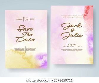 Wedding card invitation template with hand painted watercolor splash