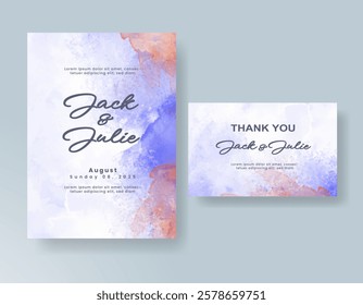 Wedding card invitation template with hand painted watercolor splash