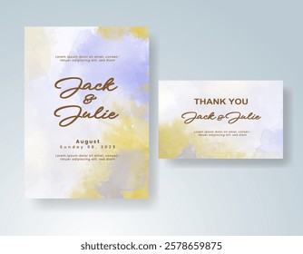 Wedding card invitation template with hand painted watercolor splash