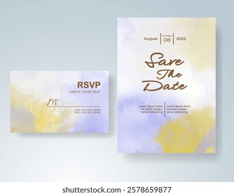 Wedding card invitation template with hand painted watercolor splash