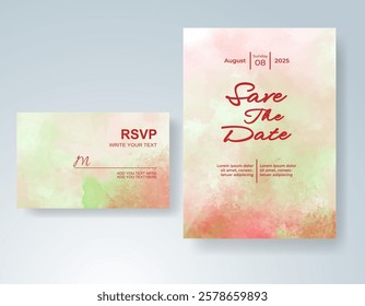 Wedding card invitation template with hand painted watercolor splash