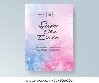 Wedding card invitation template with hand painted watercolor splash