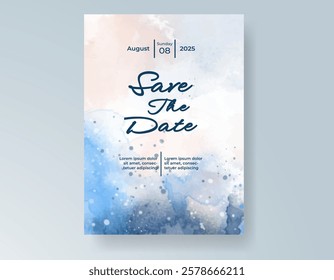 Wedding card invitation template with hand painted watercolor splash