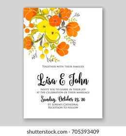 Wedding card or invitation template with poppy, anemone, peony, poinsettia floral background