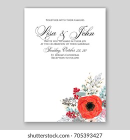 Wedding card or invitation template with poppy, anemone, peony, poinsettia floral background