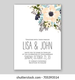 Wedding card or invitation template with poppy, anemone, peony, poinsettia floral background