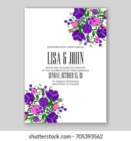 Wedding card or invitation template with poppy, anemone, peony, poinsettia floral background