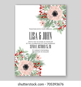 Wedding card or invitation template with poppy, anemone, peony, poinsettia floral background