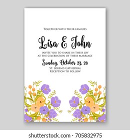 Wedding card or invitation template with poppy, anemone, peony, poinsettia autumn floral background