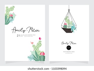 Wedding card invitation template with sample text in cactus green and pink mode