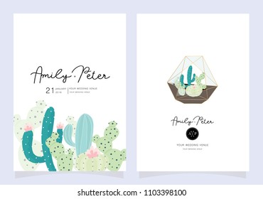 Wedding Card Invitation Template With Sample Text In Cactus Green And Pink Mode