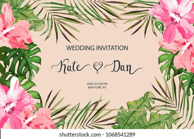  Tarjeta de matrimonio. Plantilla de invitación para guardar la fecha. Fondo floral. Ilustración vectorial. Estilo de color de agua