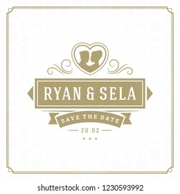 Wedding card or invitation template. Wedding save the date title vintage typographic badge. Vector illustration.