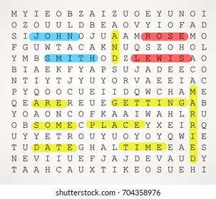 Wedding card invitation as a word search puzzle with highlighted texts