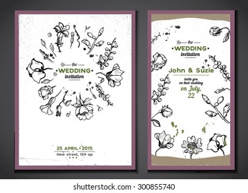 Wedding card invitations with graphic style hand sketched flowers 