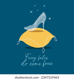 Wedding card isolated. Cinderella's glass slipper on a pillow,dating  blind date concept. Vector illustration with text on dark blue background.  svg