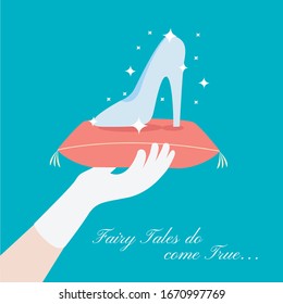 wedding card isolated. dating & blind date concept. hand prince holding princess heel shoe cinderella slipper vector on cushion or pillow. love story proposal creative cartoon. white glove flat design