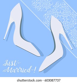 Wedding card Just Married! with the bride's shoes and lace. Vector.