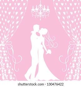 Wedding card with kissing groom and bride, curtains and chandelier