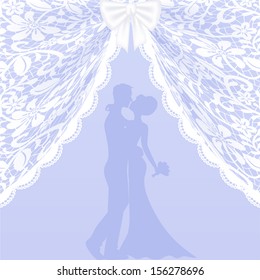 Wedding card with kissing groom and bride, curtains and ribbon bow